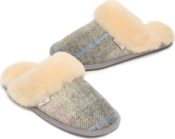 Kate - Harris Tweed Mule Slippers - Grey / Pink Check - Image 3