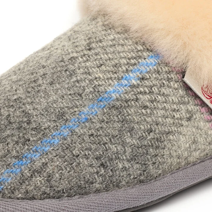 Kate - Harris Tweed Mule Slippers - Grey / Pink Check - Image 4