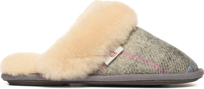 Kate - Harris Tweed Mule Slippers - Grey / Pink Check - Image 5