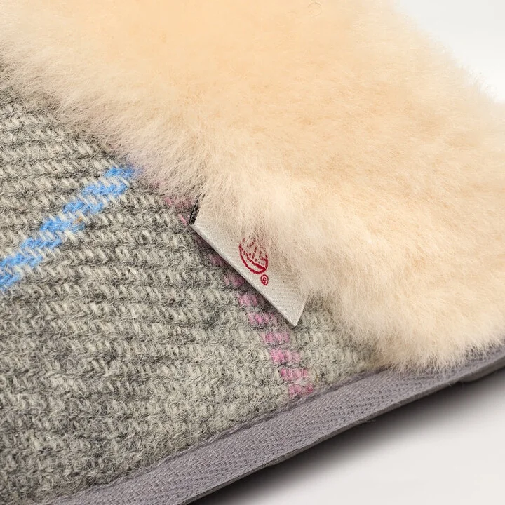 Kate - Harris Tweed Mule Slippers - Grey / Pink Check - Image 7