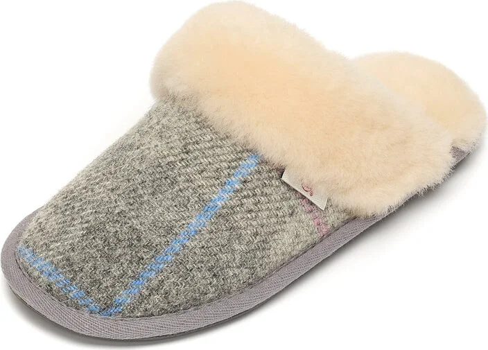 Kate - Harris Tweed Mule Slippers - Grey / Pink Check - Image 8
