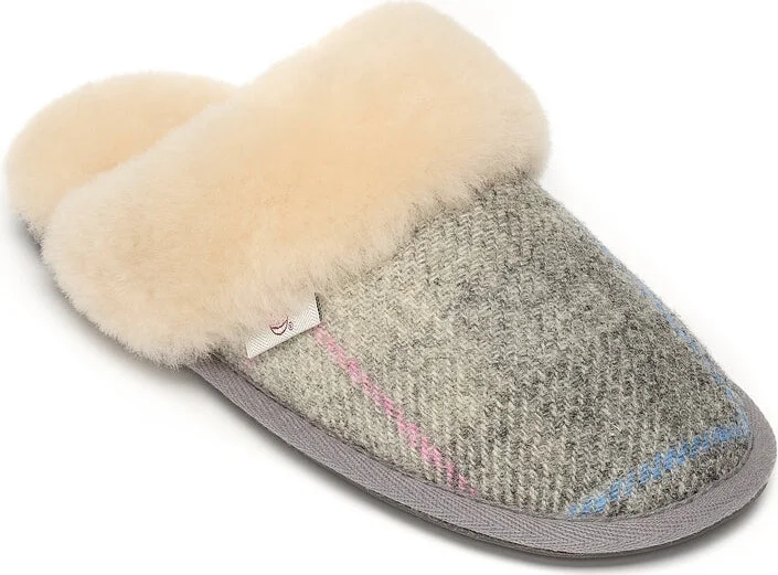Kate - Harris Tweed Mule Slippers - Grey / Pink Check