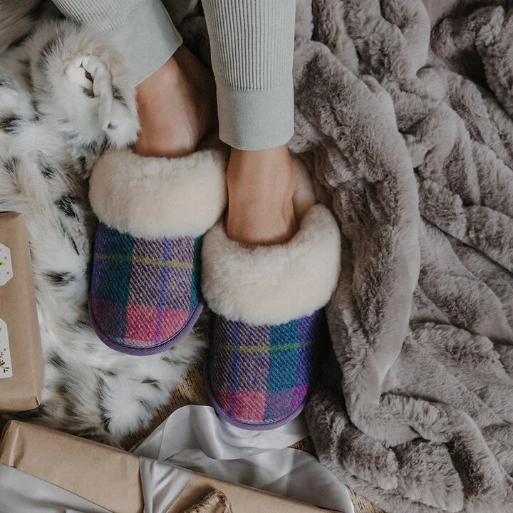 Kate - Harris Tweed Mule Slippers - Lilac / Blue Check - Image 2