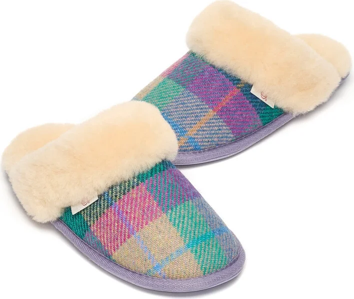 Kate - Harris Tweed Mule Slippers - Lilac / Blue Check - Image 3
