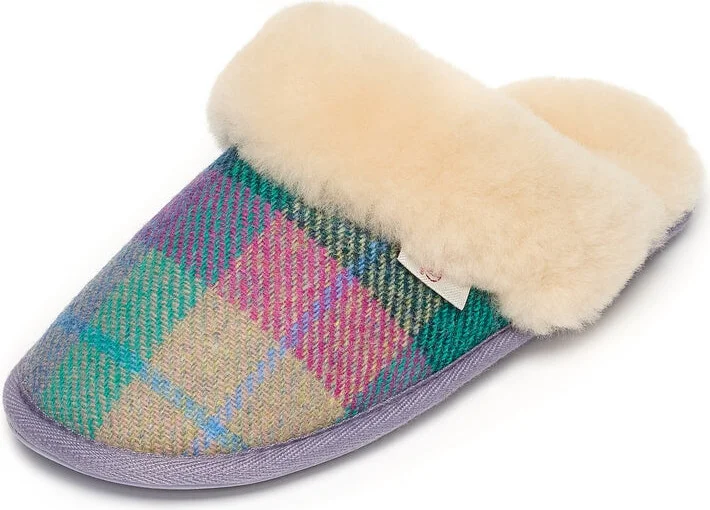 Kate - Harris Tweed Mule Slippers - Lilac / Blue Check - Image 7
