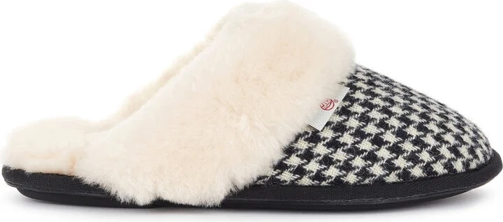 Kate - Harris Tweed Sheepskin Mule Slippers - Black / White Houndstooth - Image 4
