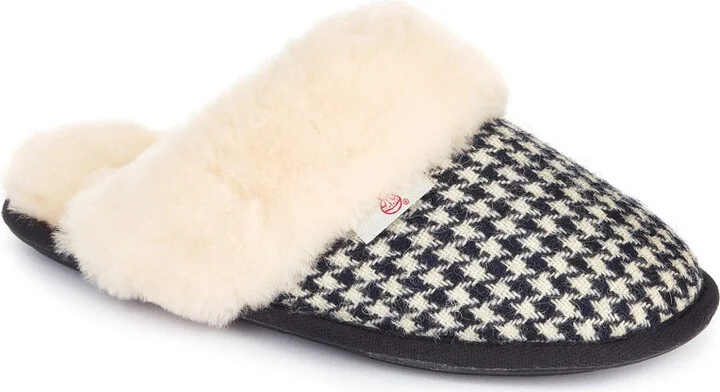 Kate - Harris Tweed Sheepskin Mule Slippers - Black / White Houndstooth