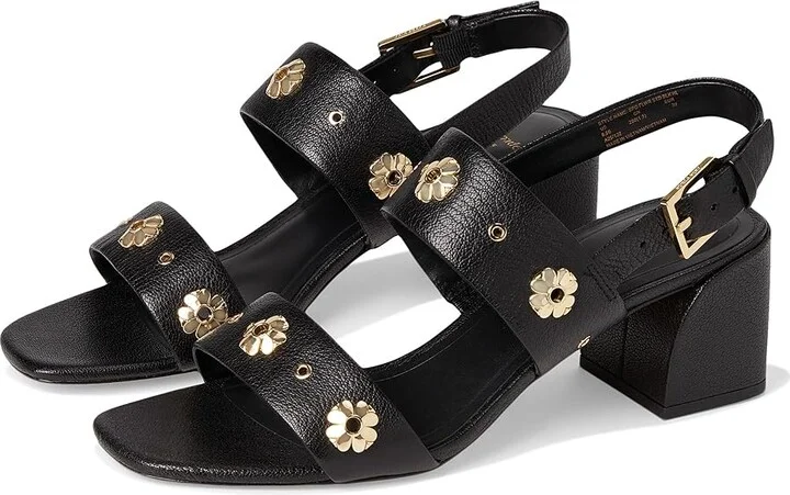 Kate Spade New York Spade Flower Stud Pebbled Leather Block Heel Sandals Women's Dress Sandals Black : 7 B - Medium