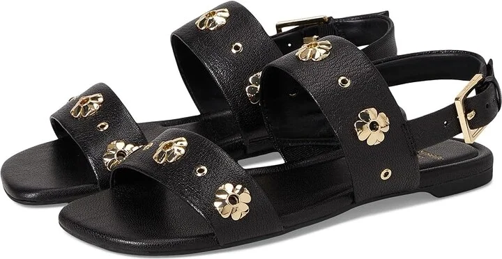 Kate Spade New York Spade Flower Stud Pebbled Leather Flat Sandals Women's Wedge Shoes Black : 6.5 B - Medium