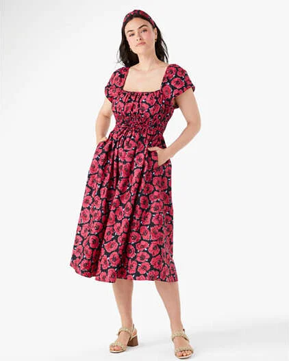 Kate Spade Poppy Toss Square-Neck Midi Dress