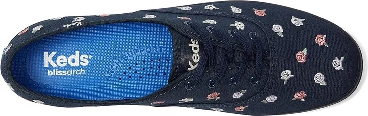 Keds Champion Canvas Lace Up Women's Shoes Navy/Pink Rose Embroidery : 8 B - Medium - Image 2