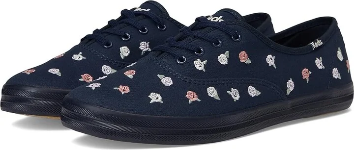 Keds Champion Canvas Lace Up Women's Shoes Navy/Pink Rose Embroidery : 8 B - Medium