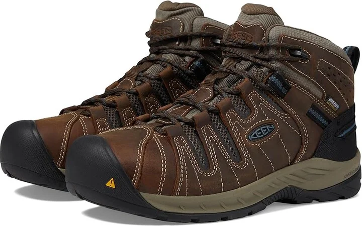 KEEN Utility Flint II Mid Waterproof (Steel Toe) Men's Work Boots Cascade Brown/Orion Blue : 9.5 EE - Wide, Textile/Leather
