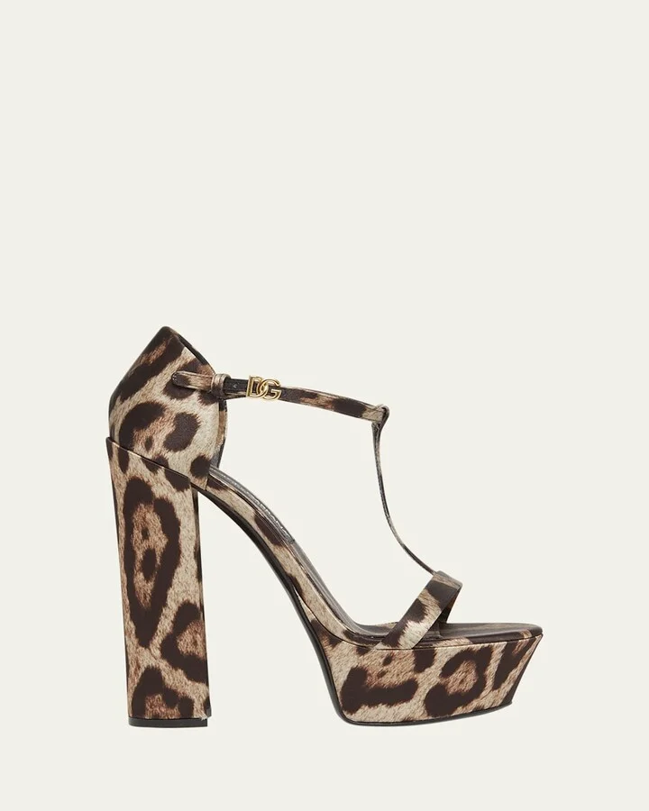 Keira Leopard Satin T-Strap Platform Sandals