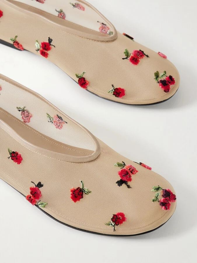 KHAITE - Marcy Embroidered Mesh Ballet Flats - Cream - Image 3
