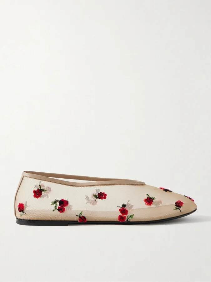 KHAITE - Marcy Embroidered Mesh Ballet Flats - Cream