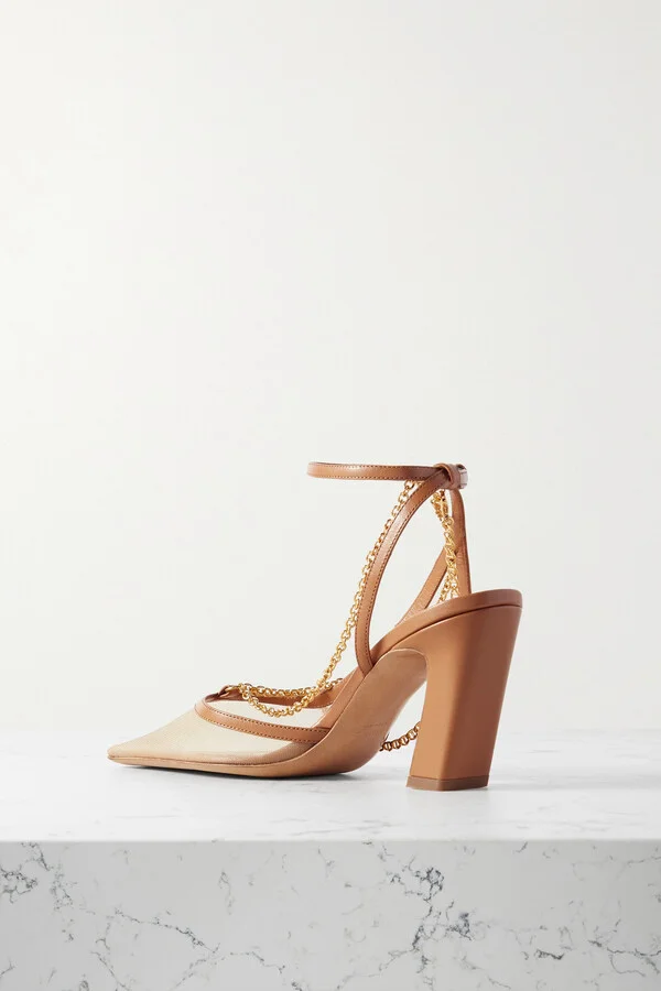 KHAITE - Marfa Chain-embellished Leather-trimmed Mesh Slingback Pumps - Brown - Image 3