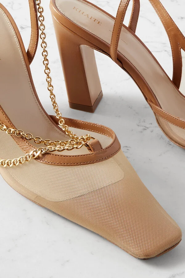 KHAITE - Marfa Chain-embellished Leather-trimmed Mesh Slingback Pumps - Brown - Image 4