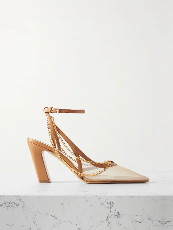 KHAITE - Marfa Chain-embellished Leather-trimmed Mesh Slingback Pumps - Brown