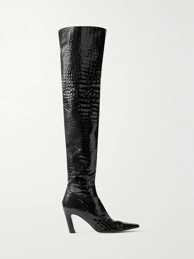 KHAITE - Marfa Croc-effect Leather Over-the-knee Boots - Black