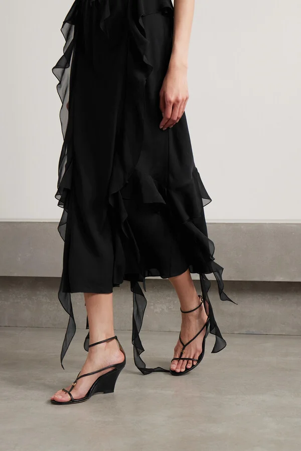 KHAITE - Marion Embellished Leather Wedge Sandals - Black - Image 2