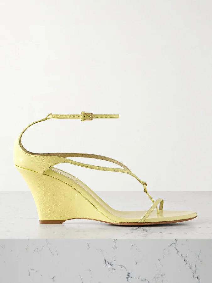 KHAITE - Marion Embellished Leather Wedge Sandals - Yellow