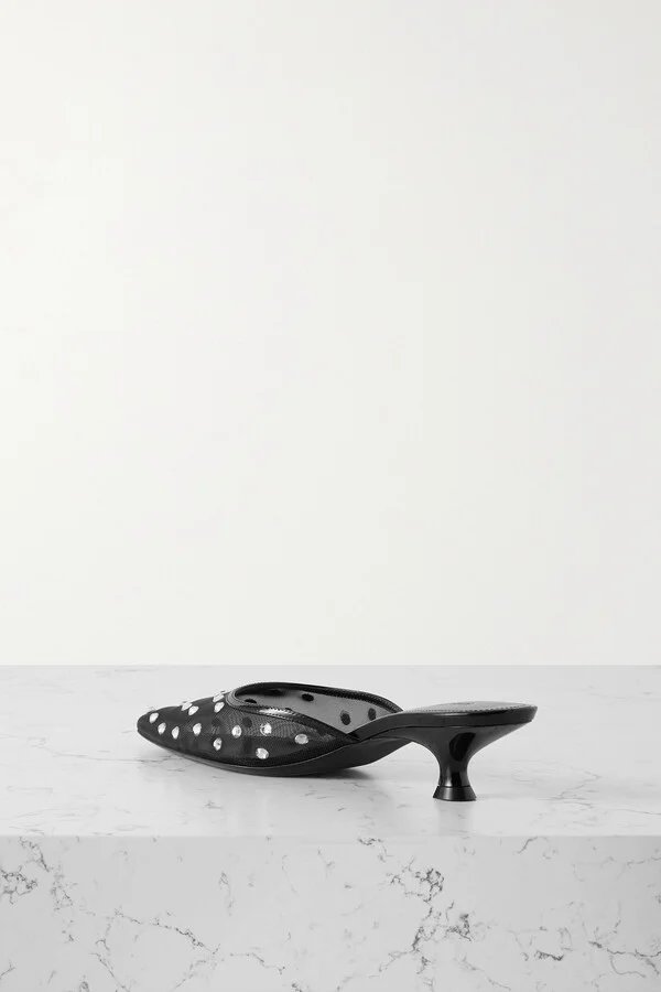 KHAITE - Minna Patent Leather-trimmed Crystal-embellished Tulle Mules - Black - Image 3