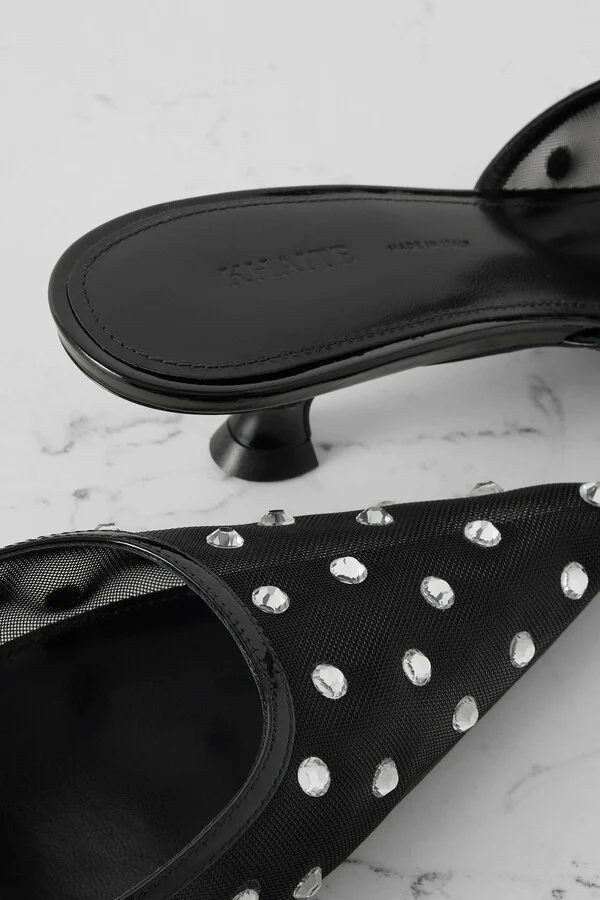 KHAITE - Minna Patent Leather-trimmed Crystal-embellished Tulle Mules - Black - Image 4