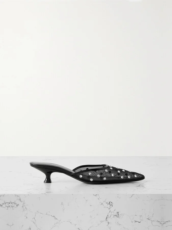 KHAITE - Minna Patent Leather-trimmed Crystal-embellished Tulle Mules - Black