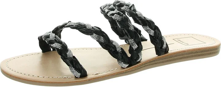Khloe Womens Rhinestone Faux Leather Slide Sandals
