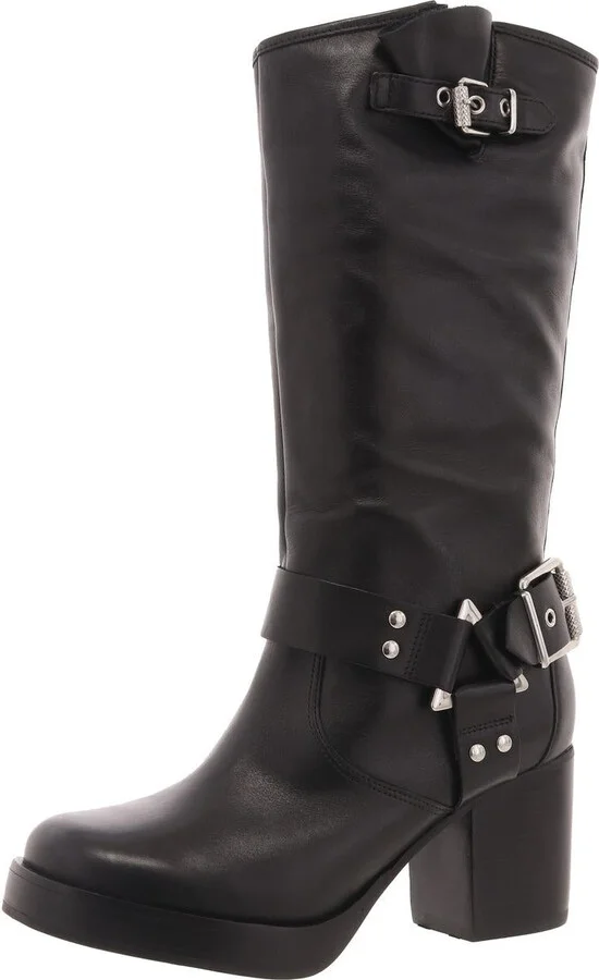 Kiara Block Womens Harness Leather Mid-Calf Boots
