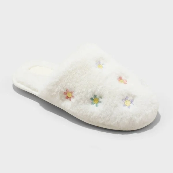 Kids' Pippa Embroidered Flower Slippers - Cat & Jack™ Cream : Slip-On, Indoor/Outdoor, Backless