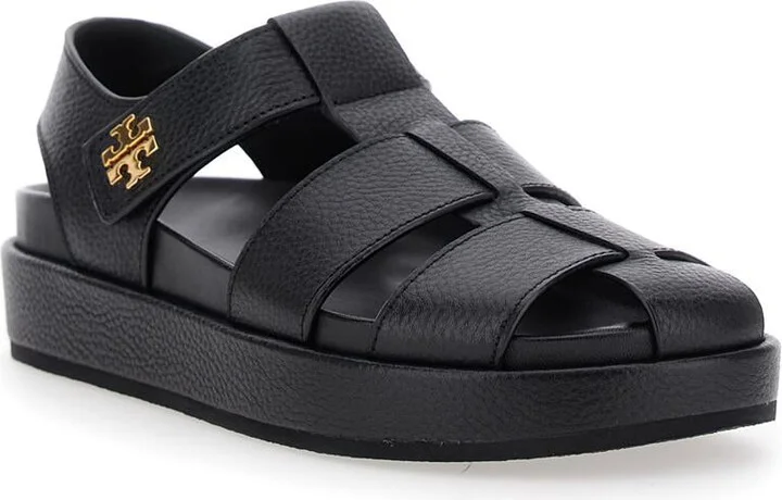 'Kira' Black Sandals With Logo Plaque In Grained Leather Woman - Image 2