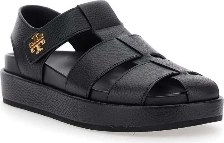 'kira' Black Sandals With Logo Plaque In Grained Leather Woman - Image 2