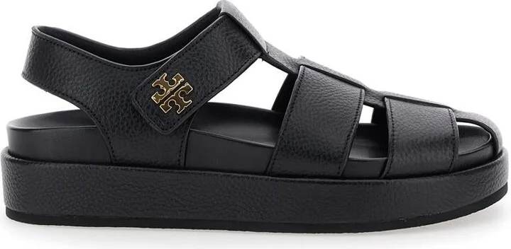 'Kira' Black Sandals With Logo Plaque In Grained Leather Woman