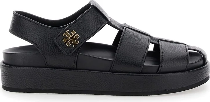'kira' Black Sandals With Logo Plaque In Grained Leather Woman