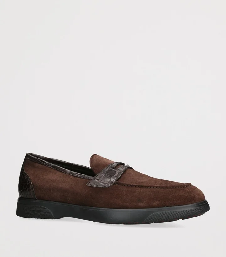 Kiton Suede Crocodile Leather-Detail Penny Loafers - Image 3