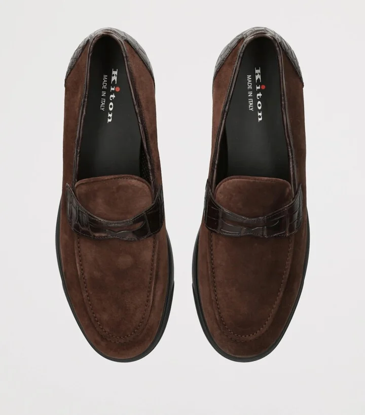 Kiton Suede Crocodile Leather-Detail Penny Loafers - Image 4