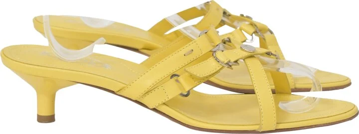 Kitten Heel Slide Sandals in Yellow Leather