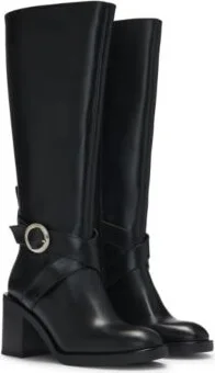 Knee-high boots in leather with buckled strap- Black Women's Boots size 6