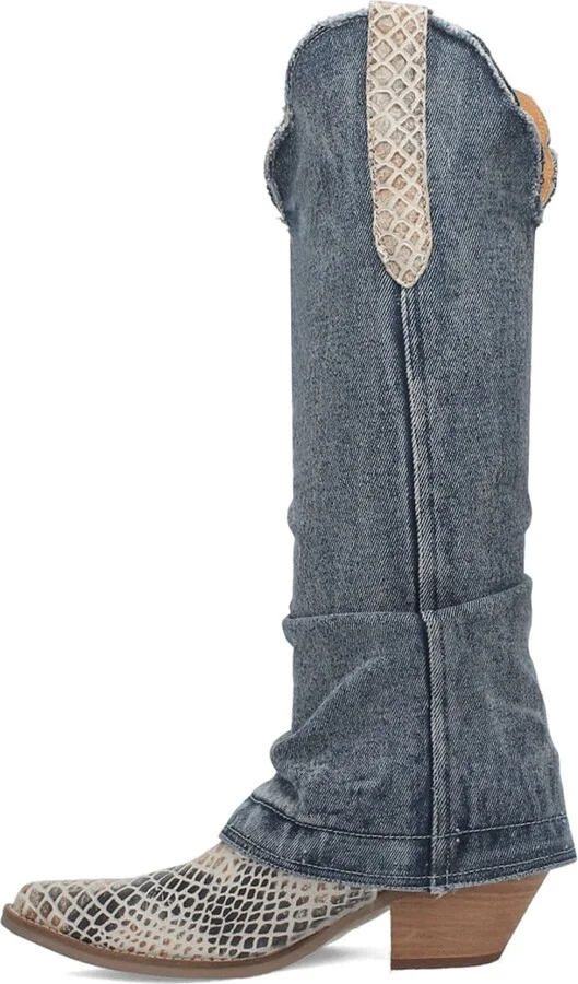 Knee High Denim & Snakeskin Embossed Western Boot - Image 3