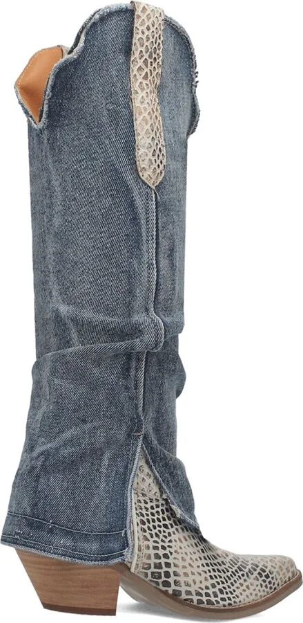 Knee High Denim & Snakeskin Embossed Western Boot - Image 8