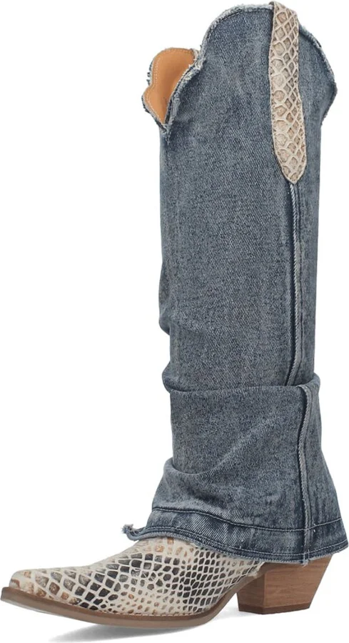 Knee High Denim & Snakeskin Embossed Western Boot - Image 9