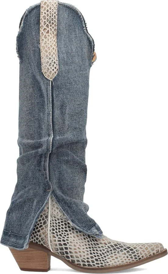 Knee High Denim & Snakeskin Embossed Western Boot - Image 10