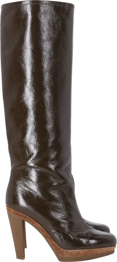 Knee-High Heeled Boots in Brown Patent Leather