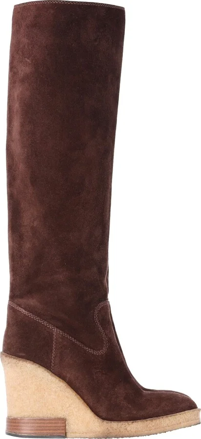 Knee-High Wedge Boots in Brown Suede