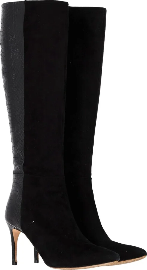 Knee-Length With Snakeskin Effect Boots in Black Suede
