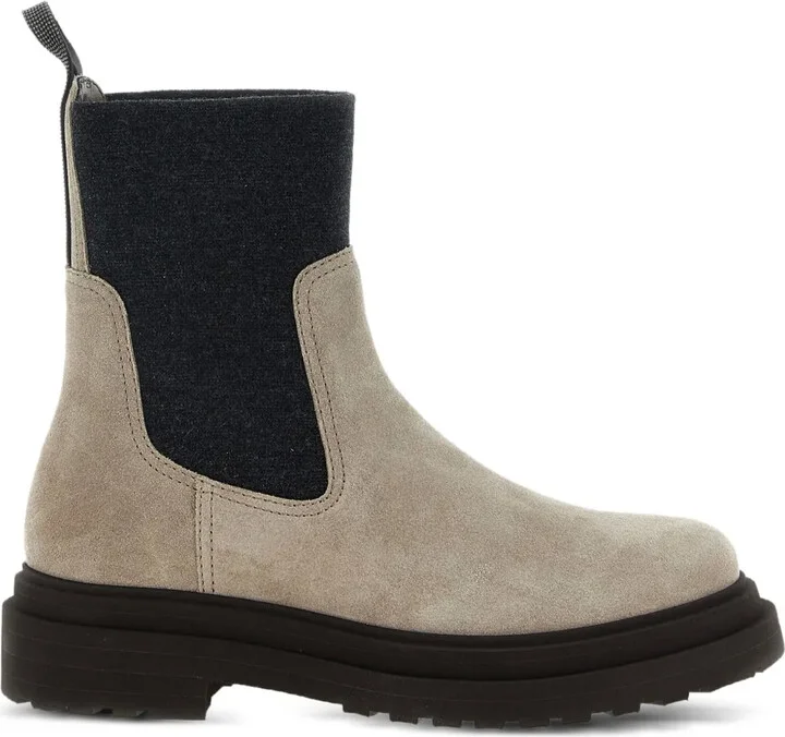 Knit-Insert Suede Boots