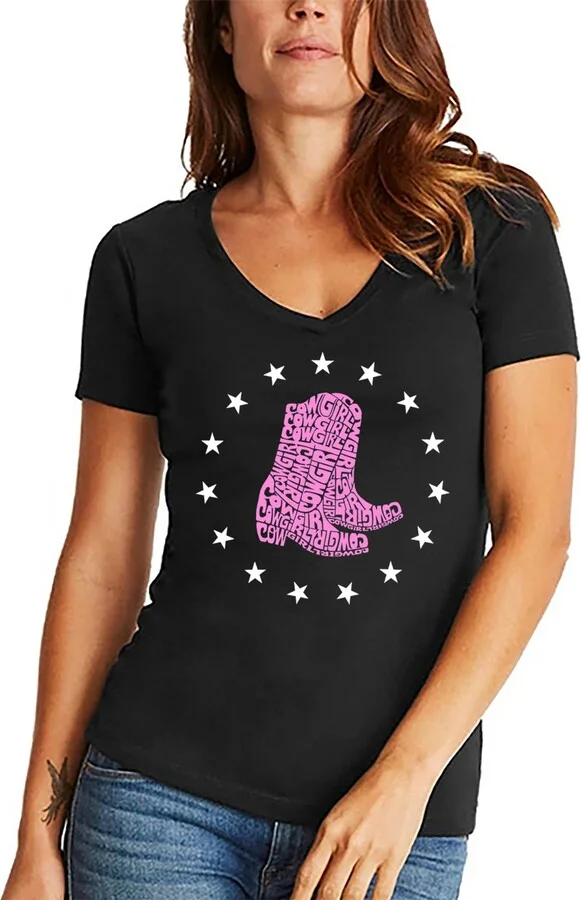 La Pop Art Women's Cowgirl Boots Word Art V-Neck T-shirt