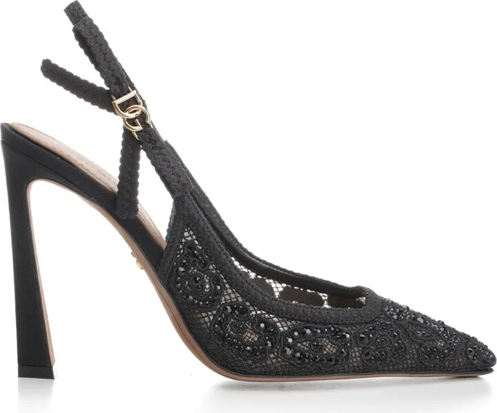 Lace And Rhinestones Sling Back Pumps Black